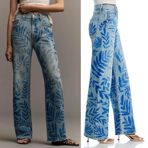 NWT Mother Denim The Lasso Sneak Jeans Pressed Leaves 29 Blue Painted Denim Jean - Picture 9 of 16